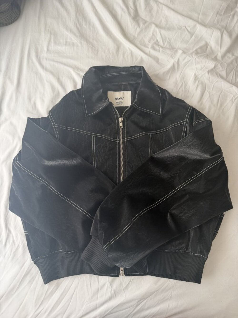 OWN Black Faux Leather Cropped Bomber Jacket
